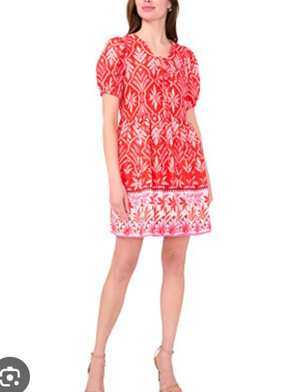 MSK Petite Red Pink Print Dress SP Puff Sleeve Peasant Boho NWT Summer